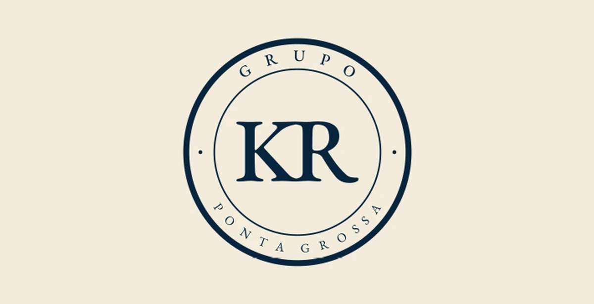 Selo original do KR Grupo, em azul de tinta sobre creme