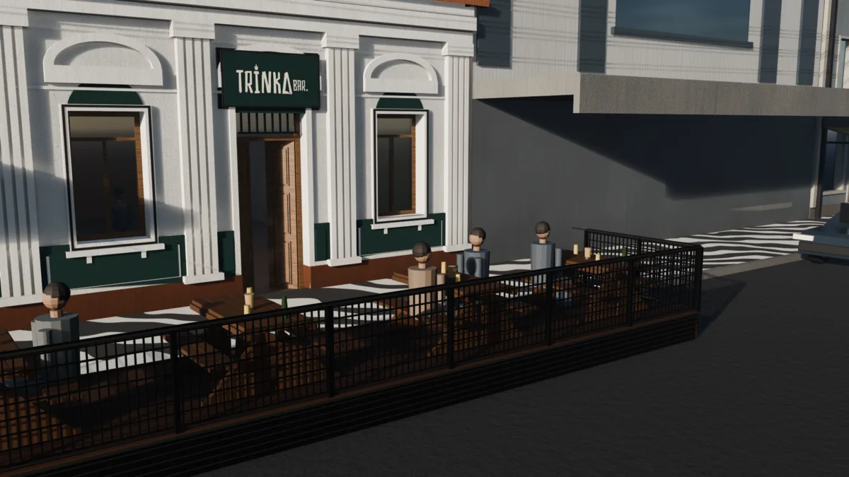 Render 3D da fachada do Trinka Bar