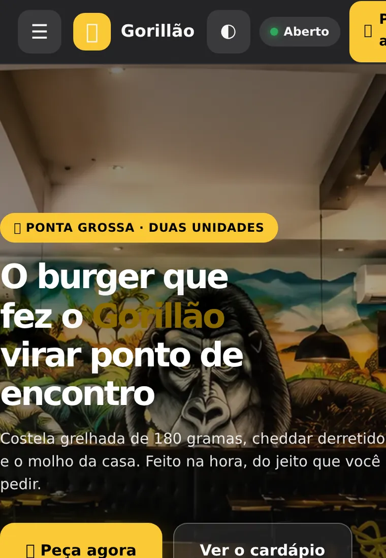 Site do Gorillão aberto no celular: hambúrguer em destaque, nota do Google e botões de pedido.