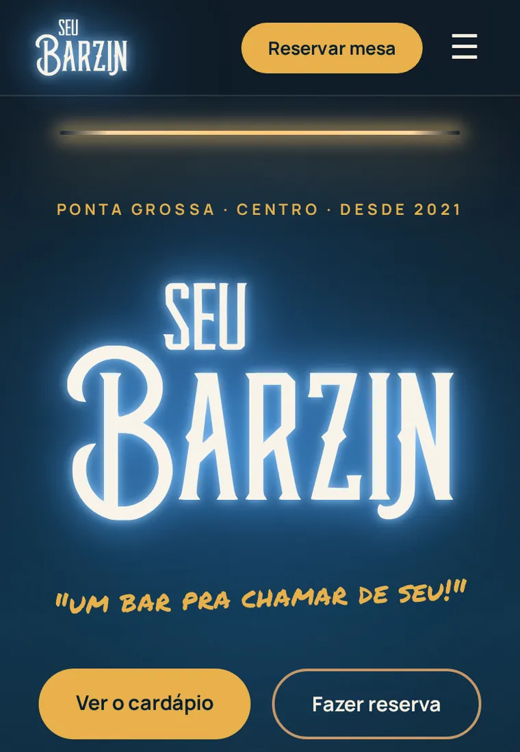 Site do Seu Barzin aberto no celular: nome em destaque, horários e botões de cardápio e reserva.